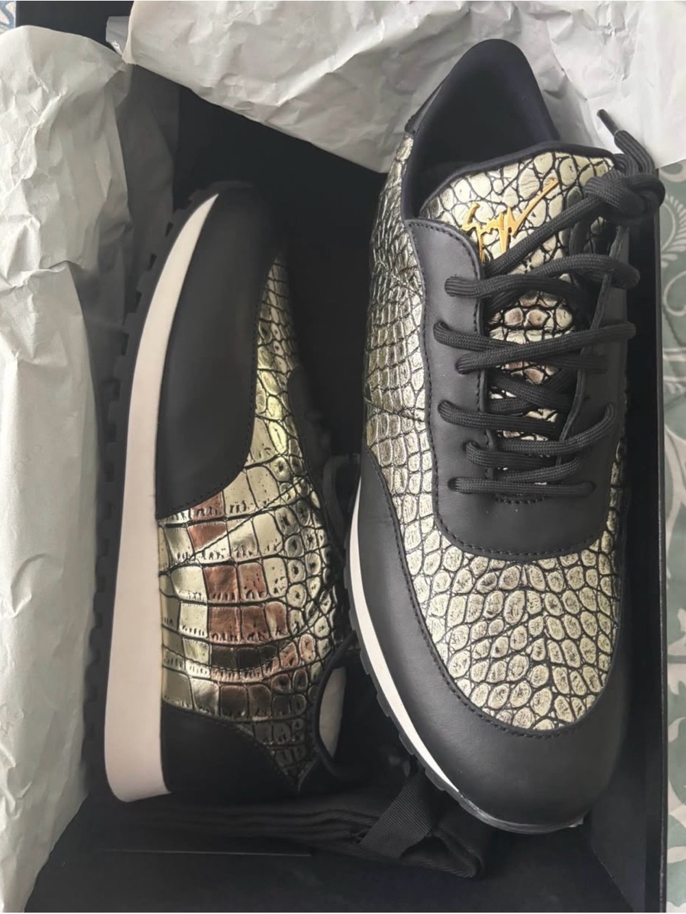 Giuseppe Zanotti Metallic Croc-Embossed Black & Gold Casual Sneakers
